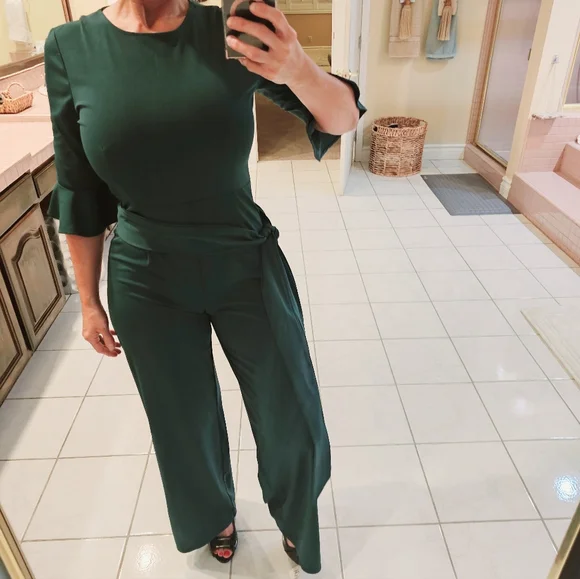 Womens Medium half sleeve Belted green one piece pants jumpsuit - Picture 8 of 9